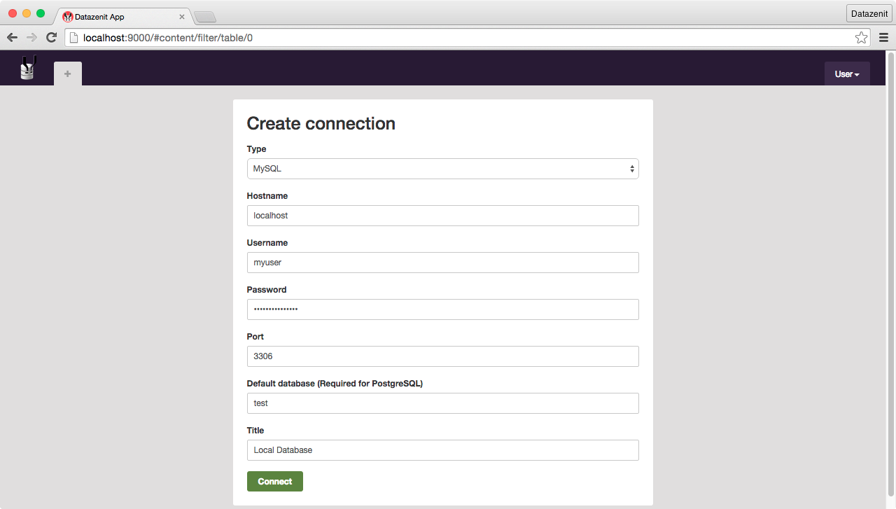 Create new connection screenshot